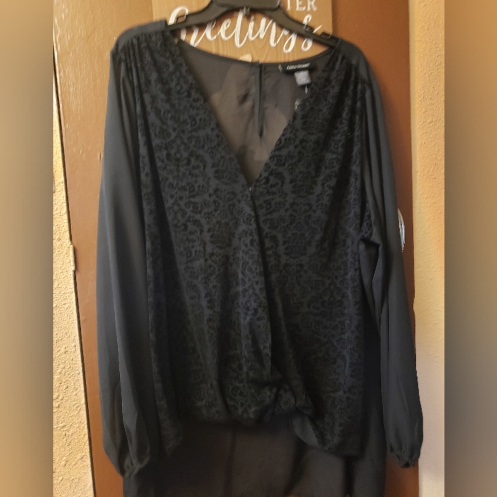 Ashley Stewart black plus size see thru blouse with velvet design front